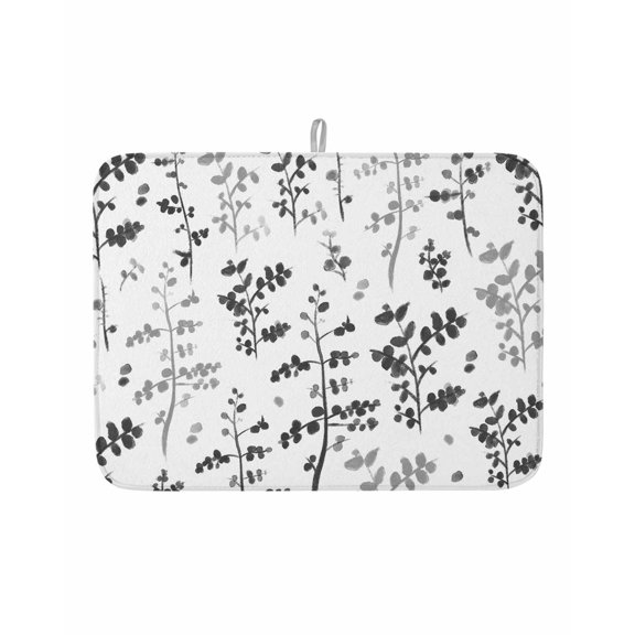 Dish Drying Mat for Kitchen Counter Grey Leaves Drying Pad Absorbent Drying Mats for Countertops Sinks Draining Racks Farmhouse Leaf Branches Plants Reversible Drainer Kitchen Accessories 18x24 Inch