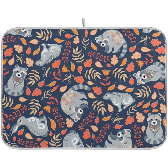 Dish Drying Mat for Kitchen Counter, Grey Raccoons Microfiber Kitchen Dish Mat Super Absorbent Dish Drainer Mat Heat-resistant Kitchen Counter Mat, 18x24 Inch