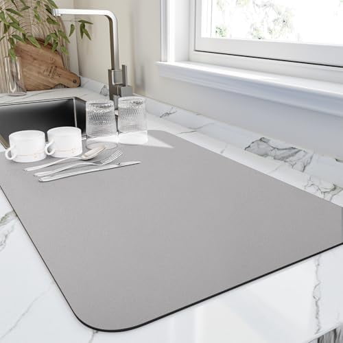 Dish Drying Mat for Kitchen Counter, Heat Resistant Drainer Mats with Non-slip Rubber Backed, Hide Stain Kitchen Super Absorbent Draining Mat, Easy to Clean Dish Rack Pad, Grey 16"x18"