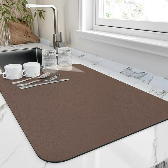 Dish Drying Mat for Kitchen Counter, Heat Resistant Drainer Mats with Non-slip Rubber Backed, Hide Stain Kitchen Super Absorbent Draining Mat, Easy to Clean Dish Rack Pad, Brown 16"x20"