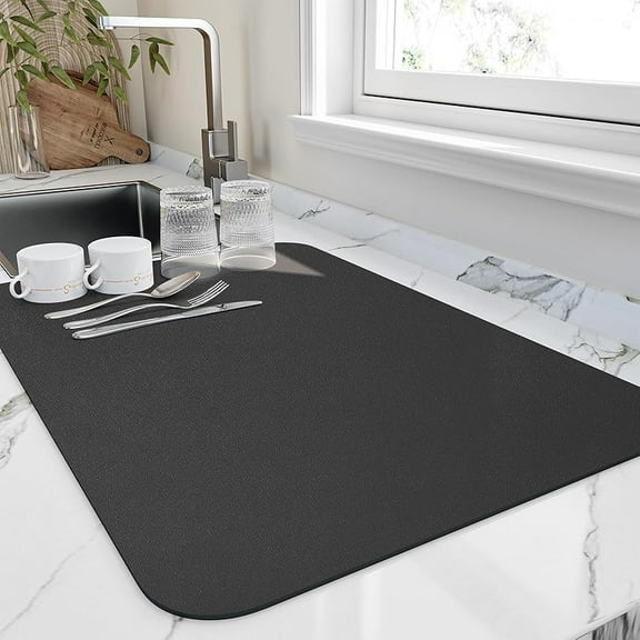 Dish Drying Mat for Kitchen Counter, Heat Resistant Drainer Mats with Non-slip Rubber Backed, Hide Stain Kitchen Super Absorbent Draining Mat, Easy to Clean Dish Rack Pad, Black 16"x20"