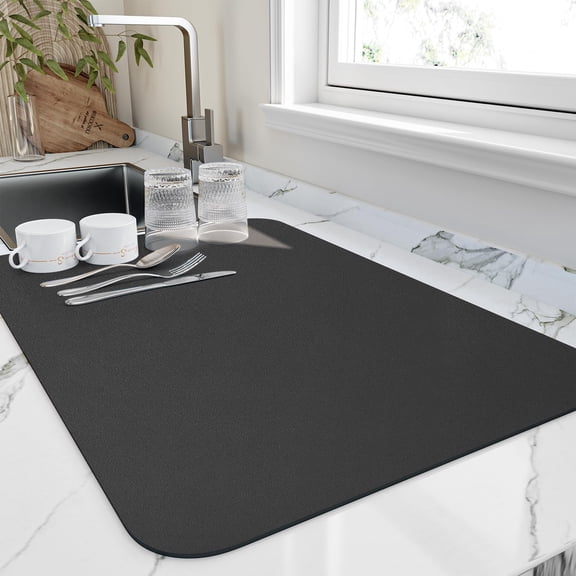 Dish Drying Mat for Kitchen Counter, Heat Resistant Drainer Mats with Non-slip Rubber Backed, Hide Stain Kitchen Super Absorbent Draining Mat, Easy to Clean Dish Rack Pad, Dark Grey 16"x20"