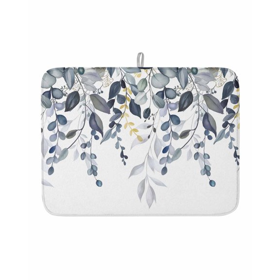 Dish Drying Mat for Kitchen Counter Lake Blue Eucalyptus Leaves Drying Pad Absorbent Drying Mats for Countertops Sinks Draining Racks Berry Leaf Branches Drainer Kitchen Accessories 18x24 Inch