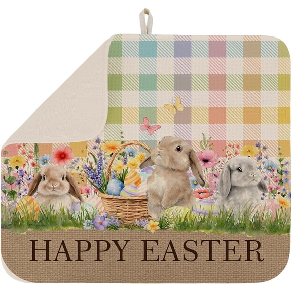 Dish Drying Mat for Kitchen Counter Large 16" x 18" Buffalo Plaid Easter Bunny Spring Absorbent Microfiber Dishes Drainer Rack Mats Pad Reusable Washable