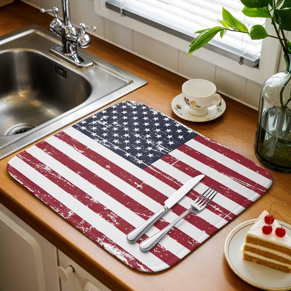 Dish Drying Mat for Kitchen Counter, Memorial Day USA Vintage Flag Absorbent Dish Mats Foldable Microfiber Drainer Pad 1PCS 18"x16", Patriotic Stars and Stripes Plate Holder Mat for Countertop Sink