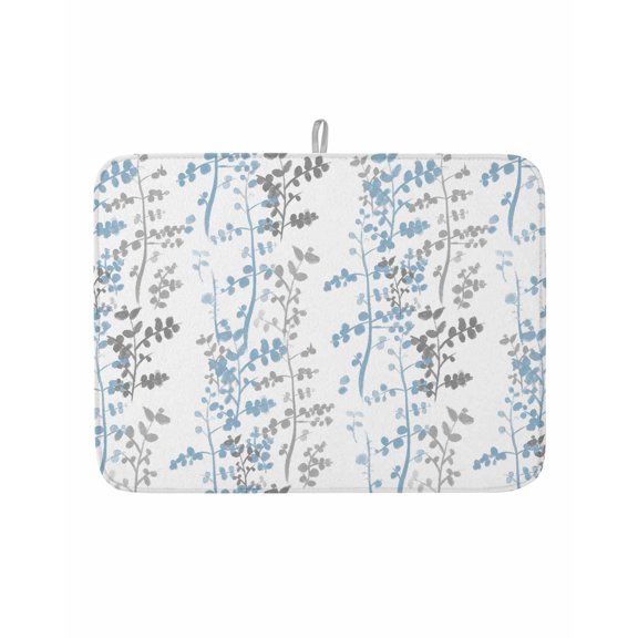Dish Drying Mat for Kitchen Counter Mist Blue Leaf Drying Pad Absorbent Drying Mats for Countertops Sinks Draining Racks Grey Leaves Branches Reversible Drainer Kitchen Accessories 18x24 Inch