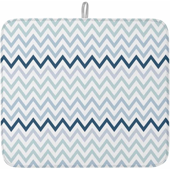 Dish Drying Mat for Kitchen Counter,Nautical Blue Herringbone Absorbent Microfiber Drainer Rack Pad Abstract Geometric Wavy Lines Quick Dry Mat for Sinks Dishes Utensils 16x18in,1 Pack