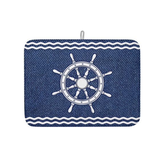 Dish Drying Mat for Kitchen Counter Nautical Captain's Wheel Drying Pad Absorbent Drying Mats for Countertops Sinks Draining Racks Helm Navy Blue Stripes Reversible Drainer Kitchen Decor 18x24 Inch