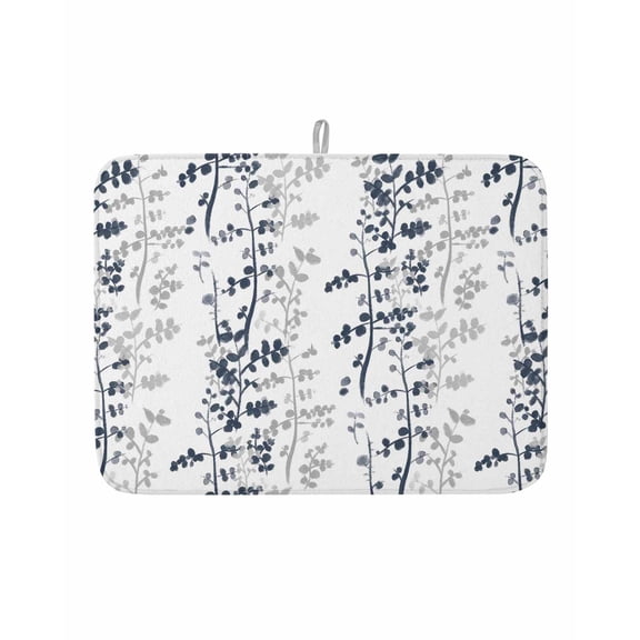 Dish Drying Mat for Kitchen Counter Navy Blue Leaf Drying Pad Absorbent Drying Mats for Countertops Sinks Draining Racks Grey Leaves Branches Reversible Drainer Kitchen Accessories 18x24 Inch