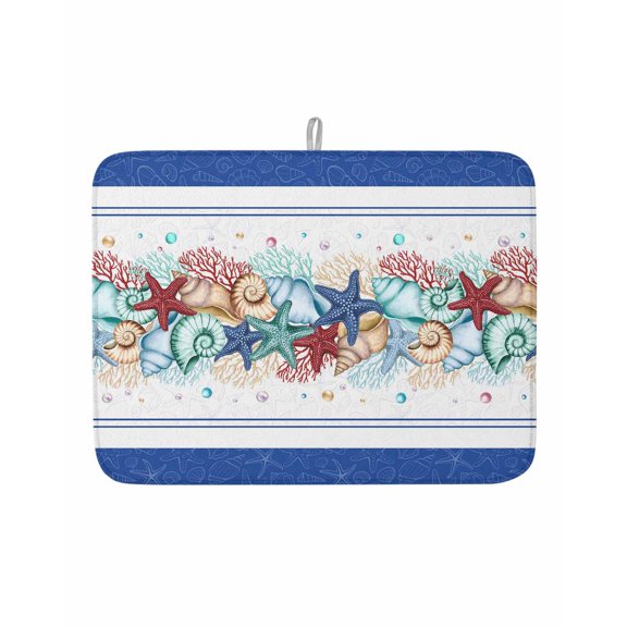 Dish Drying Mat for Kitchen Counter Ocean Coral Starfish Conch Drying Pad Absorbent Drying Mats for Countertops Sinks Draining Racks Beach Marine Life Navy Blue Drainer 18x24 Inch
