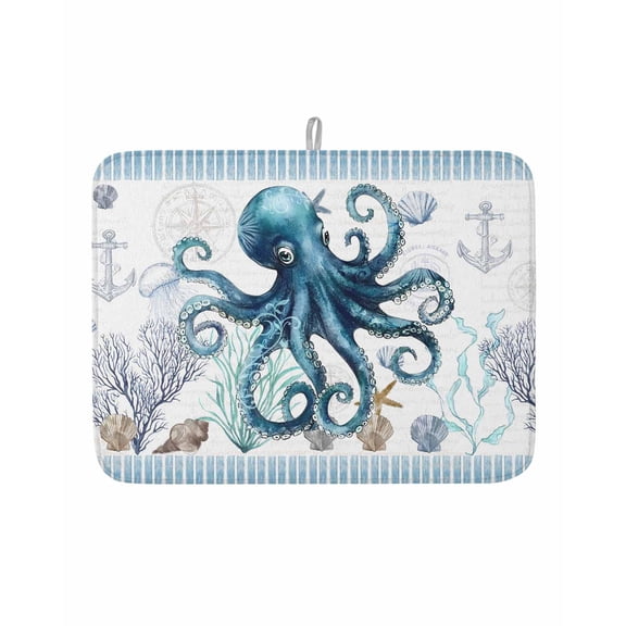 Dish Drying Mat for Kitchen Counter Octopus Drying Pad Absorbent Drying Mats for Countertops Sinks Draining Racks Ocean Starfish Shell Seagrass Anchor Drainer Kitchen Accessories 18x24 Inch