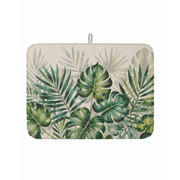 Dish Drying Mat for Kitchen Counter Palm Leaves Drying Pad Absorbent Drying Mats for Countertops Sinks Draining Racks Summer Tropical Plant Leaf Linen Drainer Kitchen Accessories 18x24 Inch