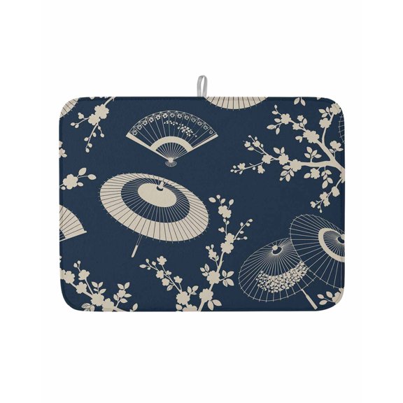 Dish Drying Mat for Kitchen Counter Paper Fan Drying Pad Absorbent Drying Mats for Countertops Sinks Draining Racks Cherry Blossom Branch Japanese Style Blue Drainer Kitchen Accessories 18x24 Inch
