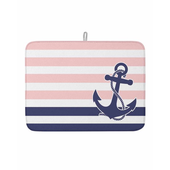 Dish Drying Mat for Kitchen Counter Pink Stripes Drying Pad Absorbent Drying Mats for Countertops Sinks Draining Racks Navy Blue Nautical Anchor Reversible Drainer Kitchen Accessories 18x24 Inch