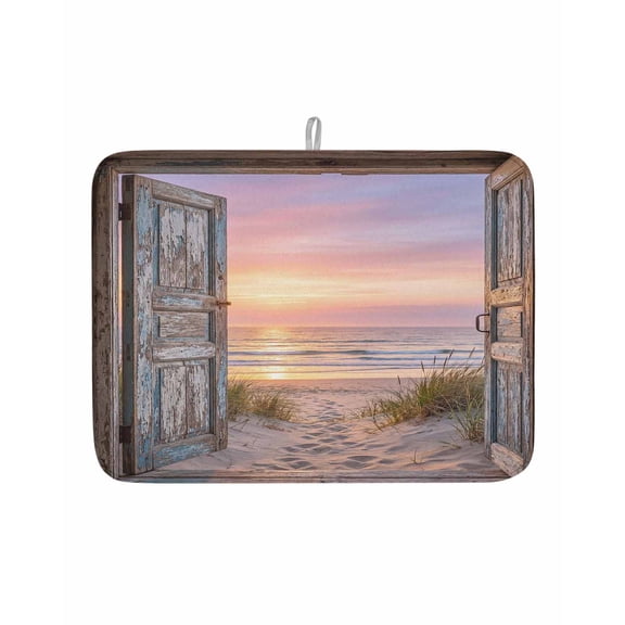 Dish Drying Mat for Kitchen Counter Pink Sunset Beach Drying Pad Absorbent Drying Mats for Countertops Sinks Draining Racks Vintage Wooden Doors Reversible Drainer Kitchen Accessories 18x24 Inch
