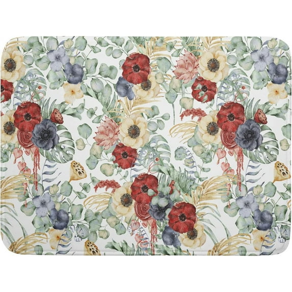 Dish Drying Mat for Kitchen Counter,Poppy Flower Eucalyptus Leaves Absorbent Dish Drainer Mats Fast Dry,Tropical Leaf Floral Washable Microfiber Dishes Rack Pad for Sink 18x24 In