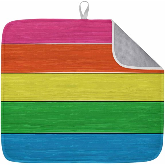 Dish Drying Mat for Kitchen Counter Rainbow Wood Grain Drying Pad Absorbent Drying Mats for Countertops Sinks Draining Racks Farm Barn Wooden Stripes Drainer Spring Decor 18x24 Inch
