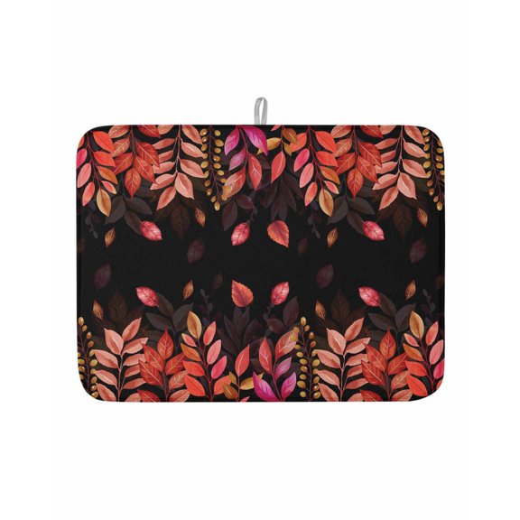 Dish Drying Mat for Kitchen Counter Red Leaves Drying Pad Absorbent Drying Mats for Countertops Sinks Draining Racks Pastoral Leaf Plant Black Reversible Drainer Kitchen Accessories 18x24 Inch
