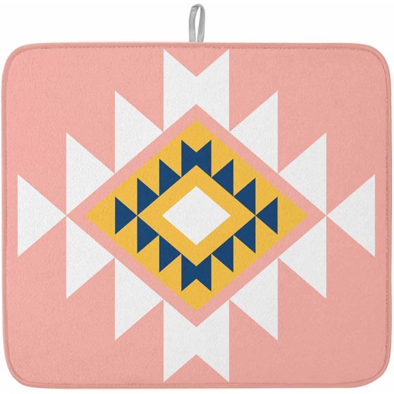Dish Drying Mat for Kitchen Counter,Retro Aztec Tribal Boho Geometric Absorbent Microfiber Drainer Rack Pad Abstract Pattern on Pink Quick Dry Mat for Sinks Dishes Utensils 16x18in,1 Pack