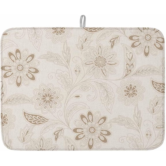 Dish Drying Mat for Kitchen Counter,Retro Light Brown Paisley Pattern Absorbent Microfiber Drainer Rack Pad Ethnic Tribal Flower Leaf Quick Dry Mat for Sinks Dishes Utensils 18x24in,1 Pack