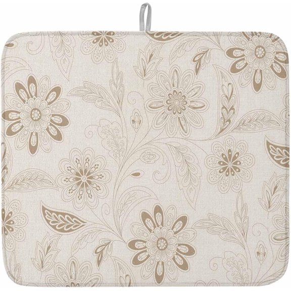 Dish Drying Mat for Kitchen Counter,Retro Light Brown Paisley Pattern Absorbent Microfiber Drainer Rack Pad Ethnic Tribal Flower Leaf Quick Dry Mat for Sinks Dishes Utensils 16x18in,1 Pack