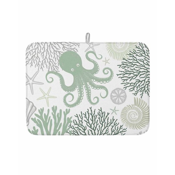 Dish Drying Mat for Kitchen Counter Sage Green Octopus Drying Pad Absorbent Drying Mats for Countertops Sinks Draining Racks Coral Starfish Shell Reversible Drainer Kitchen Accessories 18x24 Inch