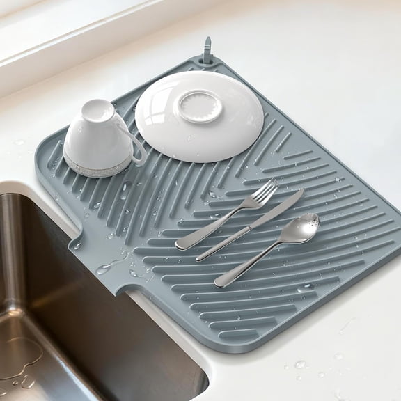 Dish Drying Mat for Kitchen Counter, Silicone Dish Drainers Pad, Non-Slip Under Sink Dish Drying Rack, Heat Resistant Small Stone Drying Board (17" x 14.5",Gray)