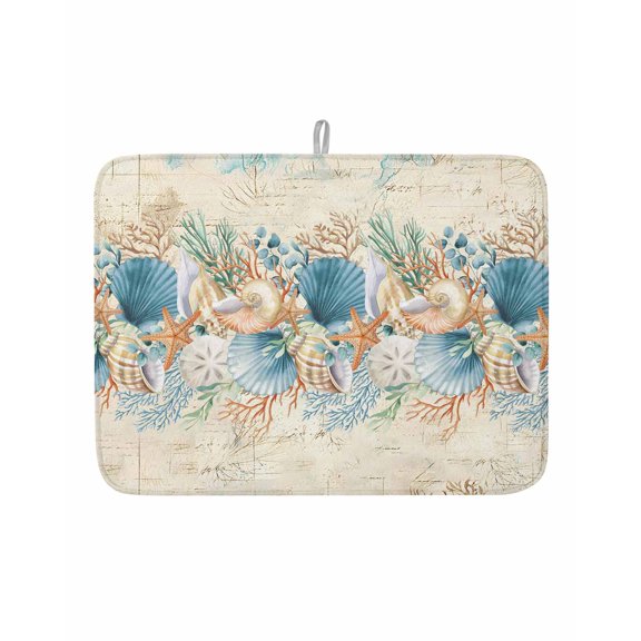 Dish Drying Mat for Kitchen Counter Starfish Conch Shell Drying Pad Absorbent Drying Mats for Countertops Sinks Draining Racks Ocean Coral Seagrass Retro Drainer Kitchen Accessories 18x24 Inch