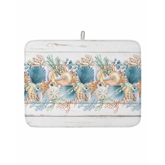 Dish Drying Mat for Kitchen Counter Starfish Conch Shell Drying Pad Absorbent Drying Mats for Countertops Sinks Draining Racks Ocean Coral Seagrass Wood Drainer Kitchen Accessories 18x24 Inch