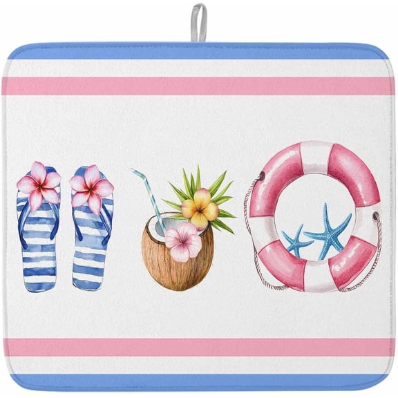 Dish Drying Mat for Kitchen Counter,Summer Swimming Ring Slippers Coconut Absorbent Microfiber Drainer Rack Pad Blue Pink Stripes Quick Dry Mat for Sinks Dishes Utensils 16x18in,1 Pack