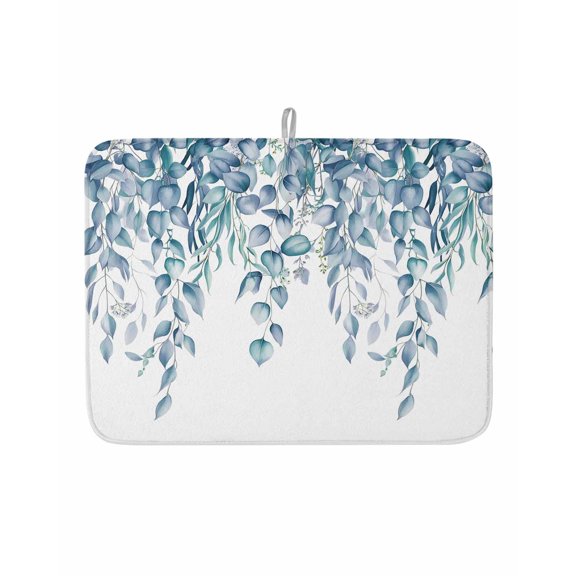 Dish Drying Mat for Kitchen Counter Teal Blue Eucalyptus Leaves Drying Pad Absorbent Drying Mats for Countertops Sinks Draining Racks Watercolor Leaf Branch Drainer Kitchen Accessories 18x24 Inch