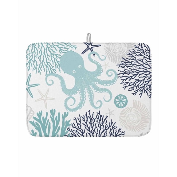 Dish Drying Mat for Kitchen Counter Teal Blue Octopus Drying Pad Absorbent Drying Mats for Countertops Sinks Draining Racks Coral Starfish Shell Reversible Drainer Kitchen Accessories 18x24 Inch