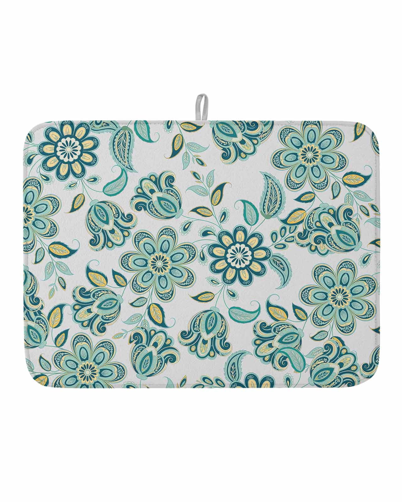 Drying Pad Pattern Dish Drying Mat for Kitchen Counter Teal Paisley Pattern Drying Pad ...