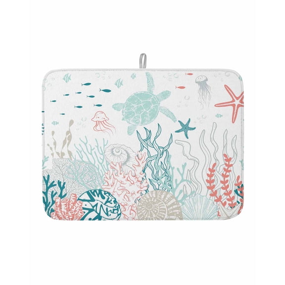 Dish Drying Mat for Kitchen Counter Teal Turtle Shell Drying Pad Absorbent Drying Mats for Countertops Sinks Draining Racks Coral Conch Seaweed Starfish Drainer Kitchen Accessories 18x24 Inch