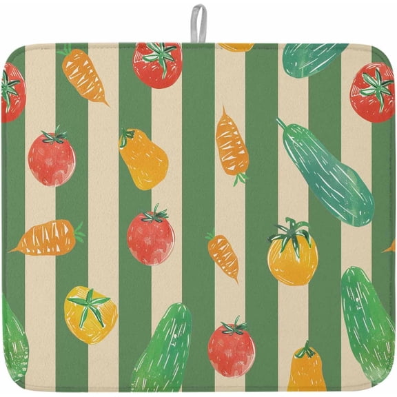 Dish Drying Mat for Kitchen Counter Tomato Carrot Drying Pad Absorbent Drying Mats for Countertops Sinks Draining Racks Hand Drawn Vegetable Strips Reversible Drainer Kitchen Accessories 18x24 Inch