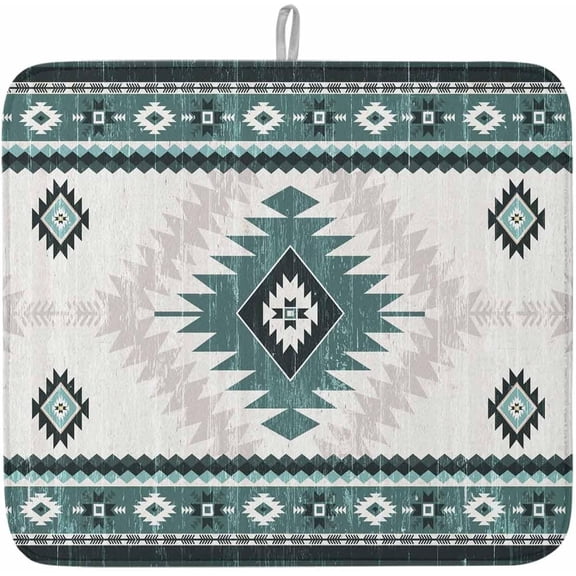 Dish Drying Mat for Kitchen Counter,Turquoise Aztec Bohemian Geometric Absorbent Microfiber Drainer Rack Pad Vintage Ethnic Tribal Quick Dry Mat for Sinks Dishes Utensils 16x18in,1 Pack