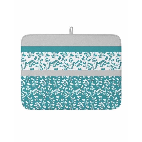 Dish Drying Mat for Kitchen Counter Turquoise Grey Leaves Drying Pad Absorbent Drying Mats for Countertops Sinks Draining Racks Stitching Stripes Reversible Drainer Kitchen Accessories 18x24 Inch
