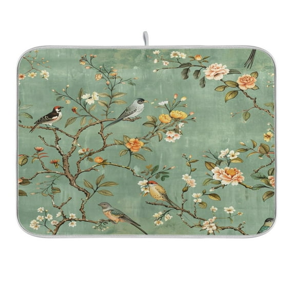 Dish Drying Mat Kitchen Counter Vintage Chinese Bird and Flower Dishes Drainer Pad Absorbent Microfiber Reversible 16"x18"