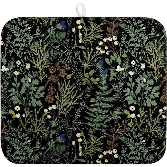 Dish Drying Mat for Kitchen Counter Vintage Green Plant Fern Leaves Floral Drying Mats Absorbent Microfiber Black Dish Drainer Pad Reusable Washable Dish Draining Mats Medium 16x18 Inch