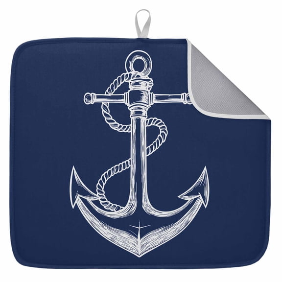 Dish Drying Mat for Kitchen Countertop, Anchor Nautical Absorbent Microfiber Dish Mat Reversible Quick Dry Non Slip Draining Mat Kitchen Drying Pad for Dishes, Utensils 18x24 Inch Navy Blue