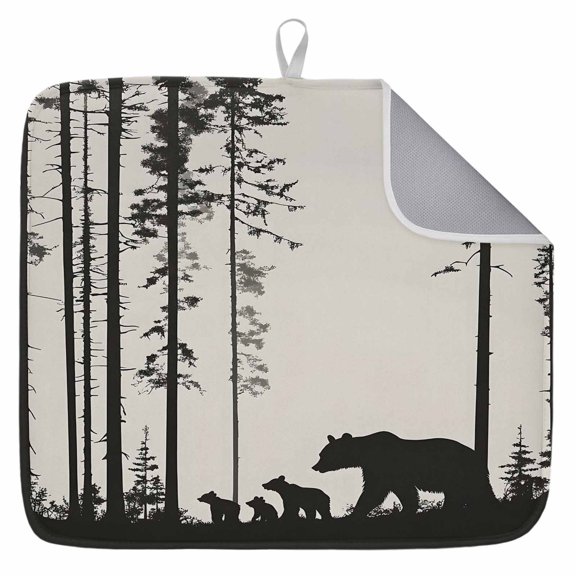 Dish Drying Mat for Kitchen Countertop, Black Bears Trees Forest Absorbent Dish Mat Reversible Quick Dry Non Slip Draining Mat Kitchen Drying Pad for Dishes, Utensils 18x24 Inch Silhouette Art