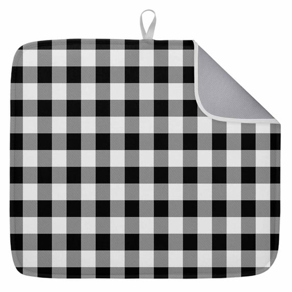 Dish Drying Mat for Kitchen Countertop, Buffalo Check Plaid Absorbent Dish Mat Quick Dry Non Slip Draining Mat Kitchen Drying Pad for Dishes, Utensils 18x24 Inch Black White Plaid Farmhouse