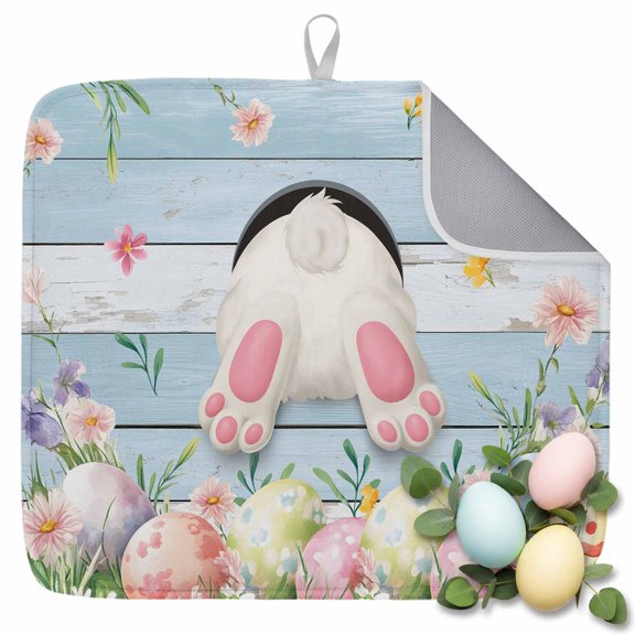 Dish Drying Mat for Kitchen Countertop, Bunny Butt Absorbent Dish Mat Quick Dry Non Slip Draining Mat Kitchen Drying Pad for Dishes, Utensils 16x18 Inch Easter Rabbit Colorful Eggs Wood Grain