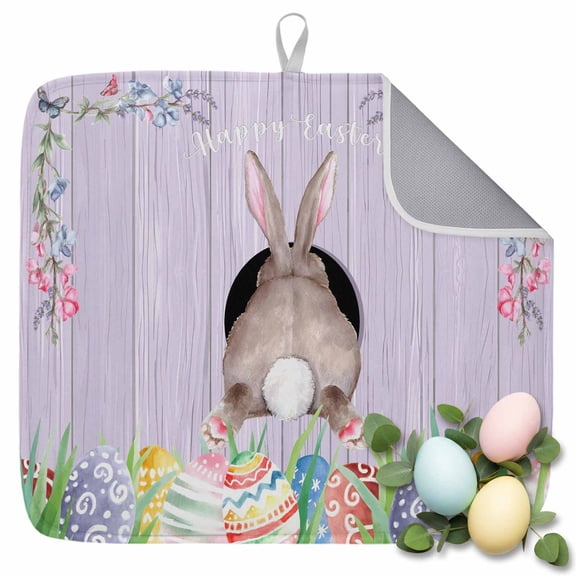 Dish Drying Mat for Kitchen Countertop, Bunny Butt Absorbent Dish Mat Quick Dry Non Slip Draining Mat Kitchen Drying Pad for Dishes, Utensils 16x18 Inch Easter Egg Floral Wood Grain Purple