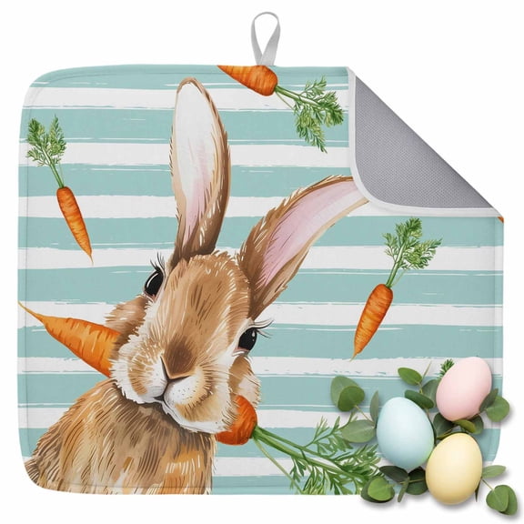 Dish Drying Mat for Kitchen Countertop, Bunny Carrot Absorbent Microfiber Dish Mat Quick Dry Non Slip Draining Mat Kitchen Drying Pad for Dishes, Utensils 16x18 Inch Easter Rabbit Teal Striped