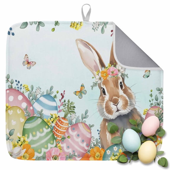 Dish Drying Mat for Kitchen Countertop, Bunny Easter Eggs Absorbent Dish Mat Quick Dry Non Slip Draining Mat Kitchen Drying Pad for Dishes, Utensils 16x18 Inch Colorful Egg Floral Butterfly