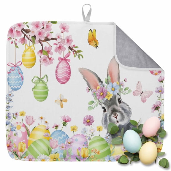 Dish Drying Mat for Kitchen Countertop, Bunny Easter Eggs Absorbent Dish Mat Quick Dry Non Slip Draining Mat Kitchen Drying Pad for Dishes, Utensils 16x18 Inch Colorful Eggs Tree Flower Butterfly