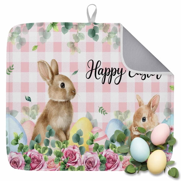 Dish Drying Mat for Kitchen Countertop, Bunny Easter Eggs Absorbent Dish Mat Quick Dry Non Slip Draining Mat Kitchen Drying Pad for Dishes, Utensils 16x18 Inch Jugal Leaves Rose Pink Plaid