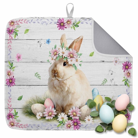 Dish Drying Mat for Kitchen Countertop, Bunny Easter Eggs Absorbent Dish Mat Quick Dry Non Slip Draining Mat Kitchen Drying Pad for Dishes, Utensils 16x18 Inch Rabbit Spring Flower Wood Grain