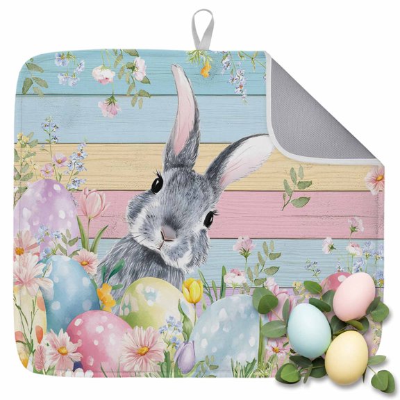 Dish Drying Mat for Kitchen Countertop, Bunny Easter Eggs Absorbent Dish Mat Quick Dry Non Slip Draining Mat Kitchen Drying Pad for Dishes, Utensils 18x24 Inch Spring Floral Rabbit Wood Grain